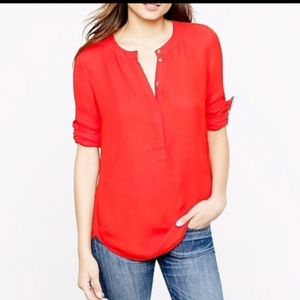 J Crew Drapey Crepe Henley Tunic Blouse Red